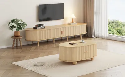 Produktbild von Couchtisch 100 x 50 x 40 cm 100% MDF Holzfarbe oval mit offenem Stauraum als TV-Schrank und Couchtisch Kombination