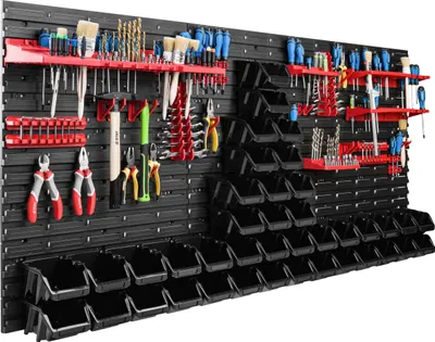 Produktbild von Lagersystem Werkstattregal | 172 x 78 cm | 40 stck. Box | Wandregal mit Werkzeughalterungen und Stapelboxen - Wandplatten Extra Starke Schüttenregal Warkzeuglochwand Lagerregal Garage Regal