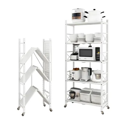 Image de Seven Comfort Étagère de cuisine Étagère sur pied Étagère pour micro-ondes Étagère de table de cuisine à 5 niveaux Chariot de cuisine blanc