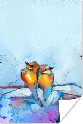 Produktbild von MuchoWow® Poster Gemälde - Ölfarbe - Vogel - Zweig 120x180 cm - Kunstposter
