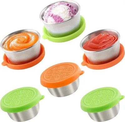 Produktbild von 6 Stahl-Saladebehälter 1,6 oz mit Deckel, kompakt, leckfrei, wiederverwendbar, für Lunchboxen, Saubehälter, Picknick, Reiseessen, Küchenlager.