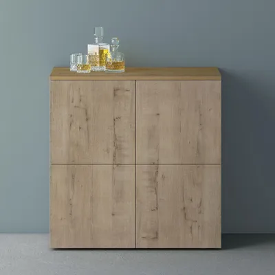 Produktbild von Mai & Mai Möbel Kommode Aufbewahrungsschrank mit 4 Türen in Kerneiche + Eiche Greige Sideboard Schrank Mehrzweckschrank BTH: 76x36,4x74cm Schrank04