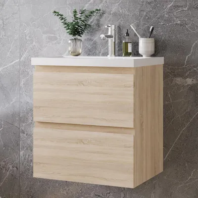 Produktbild von 50 cm Badmöbel-Set Unterschrank mit Keramik waschtisch 2 Schubladen soft-close Eiche Matt Selbstmontierter