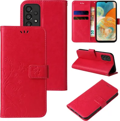 Produktbild von Handyhülle für Samsung Galaxy A23 5G Floral Blumen Schmetterling Flip Cover Hülle Case Klapphülle Handytasche Farbe: Rot