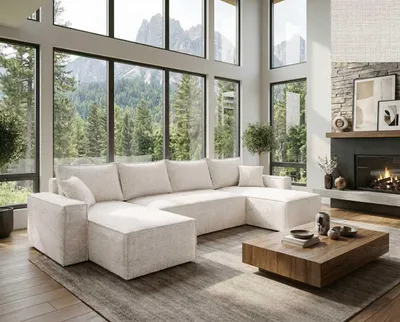 Produktbild von Das U-förmige Ecksofa FELINO von Nordelo  universell L/R, 150×310×90 cm, 150x280 Schlaffunktion Stoff Cremona Hellbeige