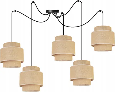 Produktbild von Boho Spider Hängelampe - Deckenlampe - Pendelleuchte aus Metall mit Lampenschirm aus Stoff - E27 - 5-Flammig - Schwarz Basis und Jute