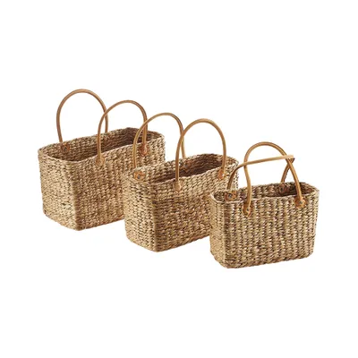 Obrázek produktu pro Sada košíkových tašek Kobolo z vodní hyacinty – ucha z umělé kůže – hranaté, sada 3 ks