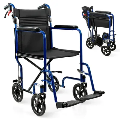 Obrázok produktu pre Skladací invalidný vozík Mobiclinic, s parkovacou brzdou, šírka sedadla 41 cm, odnímateľné opierky nôh, oceľová konštrukcia, čalúnené podrúčky, modrá farba Napoli
