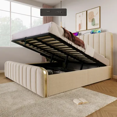 Produktbild von Polsterbett 180x200 cm Stauraumbett mit USB Typ-C Ladefunktion, Hydraulisches Lagerbett Beige Leinen-Optik, Stabiles Doppelbett mit Lattenrost & Goldenen Akzenten