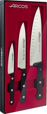 Produktbild von Arcos Messer-Set 3-teilig, Professionelle Serie, Officemesser 10cm, Kochmesser 15cm, Wetzstahl 20cm mit Noppen, Nitrum®-Stahl 57 HRC