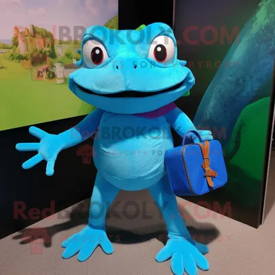 Produktbild von Maskottchen REDBROKOLY kostüm Blauer Frosch bekleidet mit Bermudashorts und Clutch-Taschen