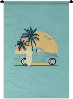 Produktbild von MuchoWow® Wandteppich Wandbehang Auto - Sonne - Surfbrett - Palme 60x90 cm Tapisserie Dekoration Wandtuch - Foto-Teppich - Abwaschbar