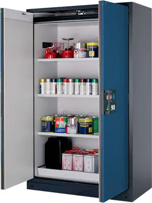 Produktbild von Gefahrstoffschrank - 1.953x1.193x615 mm - 2 Edelstahl-Fachböden - Lochblech - Front enzianblau