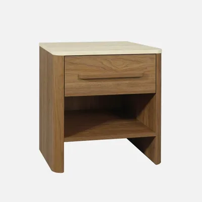 Immagine prodotto di Comodino con decorazione in legno ed effetto travertino, 1 cassetto, Noce