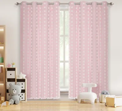 Produktbild von 2 Stück Vorhang mit PomPom und Tüll Doppelschichtige Ösen Vorhänge Gardinen für Kinderzimmer, Rosa, 132x213cm