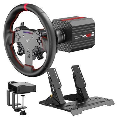 Obrázok produktu pre Súprava pretekárskeho volantu PXN VD6 s priamym pohonom, 6 Nm, s pedálmi, stolnou svorkou a servobázou pre sim racing na PC s Windows – balík 4 v 1, čierna