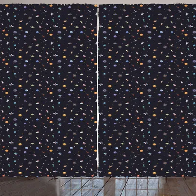 Zdjęcie produktu dla ARANDE Zasłona kosmiczna, bogata kolekcja motywów science fiction: komety, kosmici, atom na tle gwiaździstego nieba, 280 x 245 cm, wielokolorowa