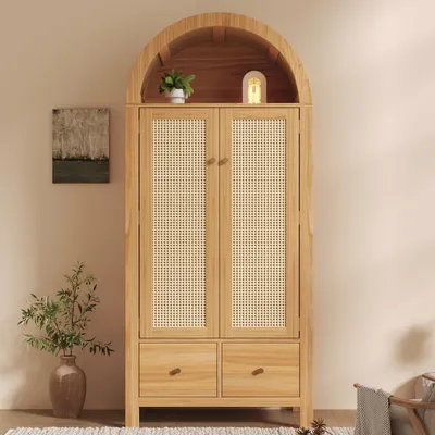 Immagine prodotto di Armadio Flieks con intreccio in rattan, armadio guardaroba con asta appendiabiti e 2 cassetti, armadio angolare 78x45x181 cm, rovere