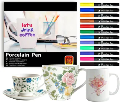 Obrázek produktu pro Sada fixů na keramiku, 12 barev, špička 2 mm, voděodolné, vhodné do myčky, pro dekorování keramiky