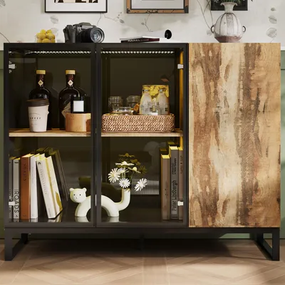 Produktbild von Glasvitrine mit 3 Türen, Vitrine mit Beleuchtung 8 Farbe und Hochglanz-Finish, Schwarz+Holzoptik, MDF+Glas, 120 × 95 × 40 cm