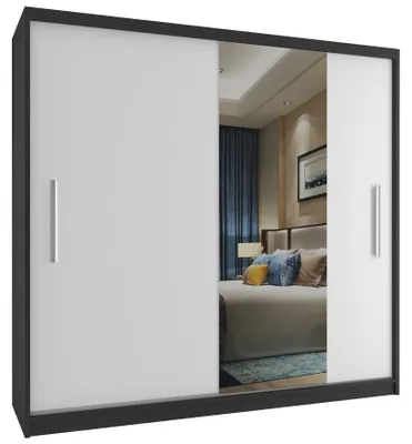Image de BELINI Verona : Armoire coulissante de 200 cm, noire et blanche, finition mate. Armoire avec miroir et penderie, idéale pour la chambre