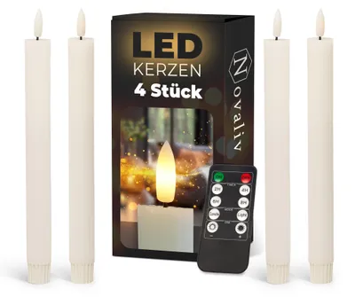 Produktbild von Stabkerzen LED mit Timer WEISS 4 Stück WEISS indoor - 6 Stunden - ECHTWACHS gerippt 23cm Höhe für Kerzen 2,2cm Durchmesser 2 AAA Batterien LED Stabkerzen flackernde Flamme bewegliche Flamme