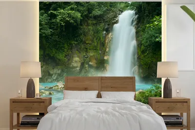 Produktbild von MuchoWow® Fototapete für Wohnzimmer oder Schlafzimmer Wandtapete Vinyl Motivtapete Dschungel - Natur - Wasserfall - 350x350 cm - Schlafzimmertapete
