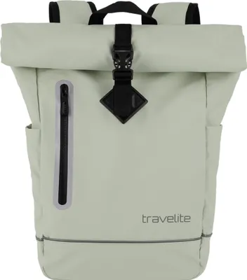 A light green roll-top backpack is shown against a white background.
