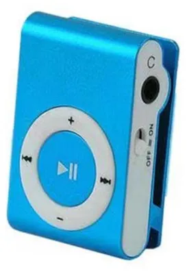 A blue portable music player with a white control dial.