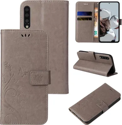 Produktbild von Handyhülle für Samsung Galaxy A70 Floral Blumen Schmetterling Flip Cover Hülle Case Klapphülle Handytasche Farbe: Grau
