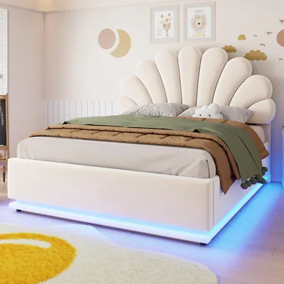 Produktbild von okwish Polsterbett 140×200 mit LED und Blütenförmigem Kopfteil, Jugendbett mit Bettkasten, Einzelbett in Beige,ohne Matratze