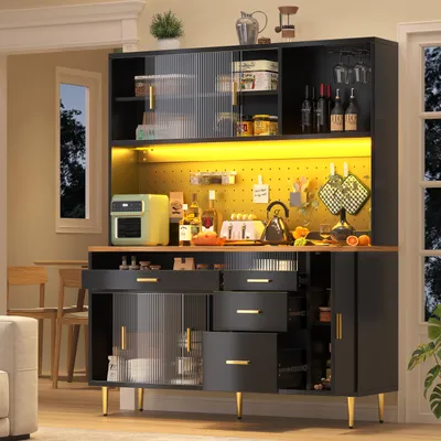 Produktbild von okwish Hoher Esszimmerschrank Küchenschrank mit LED und Lochwandregalen,Buffetschrank mit höhenverstellbare System und Timer-Funktion,schwarz