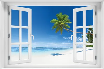 Produktbild von Wallario Poster mit Fenster-Illusion: Weißer Sandstrand am Meer - Ein Traum unter Palmen, Größe: 61 x 91,5 cm (Maxiposter)