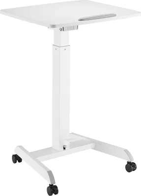 A white adjustable laptop table with wheels.
