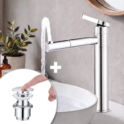 Obrázek produktu pro Homelody, baterie do koupelny, chromovaná, univerzální, odtoková souprava, ventil "pop-up", připojení 1 1/4 palce, umyvadlová baterie, směšovací baterie, vysoká, s otočnou výlevkou o 360°, materiál SUS304