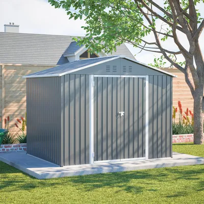 Produktbild von Geräteschuppen Gerätehaus XXL mit Fundament Satteldach Metall Schuppen Pultdach 9m³ Grau