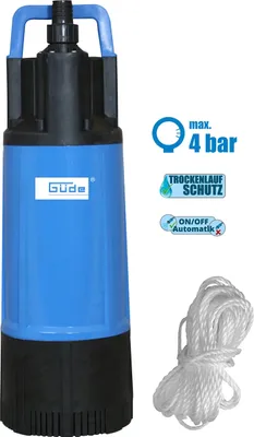 A blue and black submersible pump with a coiled white rope next to it, against a white background.