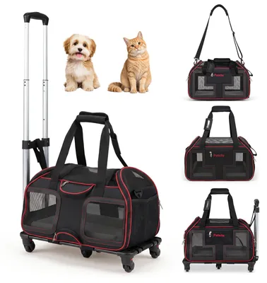 Produktbild von COSTWAY Transporttasche für Hunde, faltbare Hundetransportbox mit Rollen, Teleskopgriff, abnehmbarem Kissen & Schultergurt, Transportbox, Katzentasche
