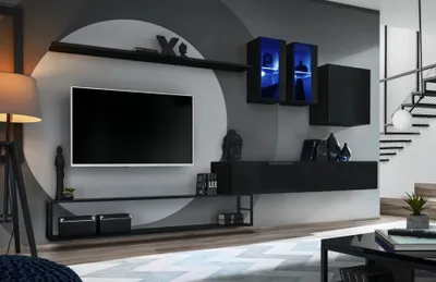 Zdjęcie produktu dla Ściana do salonu z elementami metalowymi RIONATA 1 - czarna