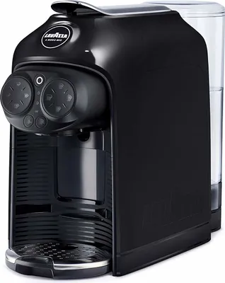 A black Lavazza coffee machine is shown against a white background.