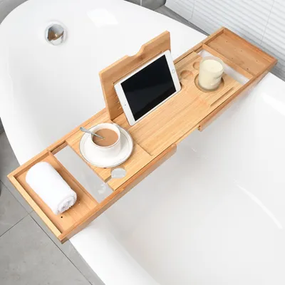 Produktbild von sunwoif Badewannenablage Bambus, verstellbar 75-95 cm, mit Getränkehalter, Buchstütze, Handyhalter, Seifenhalter, Weinglashalter, feuchtigkeitsbeständig, modernes & elegantes Design