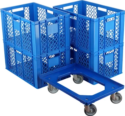 Produktbild von 4 Stück Bäckerkisten 600 x 400 x 320 mm + 1 Transportroller Typ C versch. Farben : blau Farbe: blau