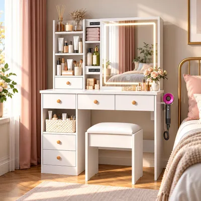 Productafbeelding van Make-uptafel met kruk en LED-verlichting, kaptafel met schuifspiegel, stopcontacten en USB-poorten, 5 lades, veel opbergruimte, wit, 90x40x135 cm