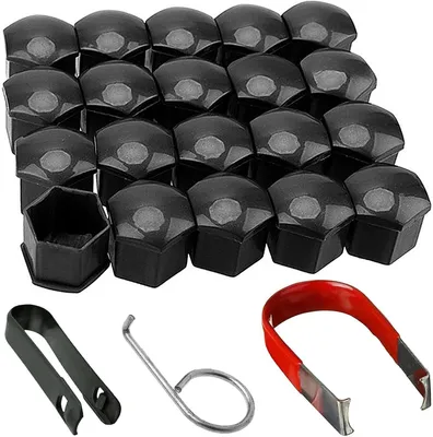 Productafbeelding van Zwarte wielboutdoppen, 20 stuks, 21 mm, met 1 clip en 2 verwijderingsgereedschappen