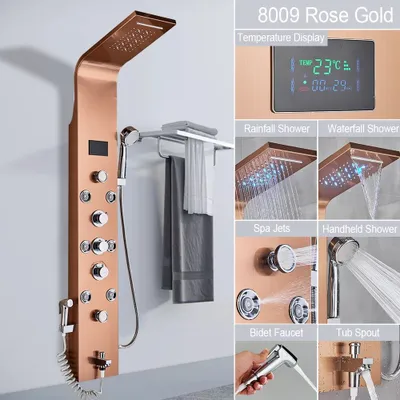 Produktbild von Linuode LED-Licht Duscharmatur Badezimmer SPA Massage Jet Duschsäulensystem Wasserfall Regen Duschpaneel Bidet Sprayer Tap,8009 Roségold