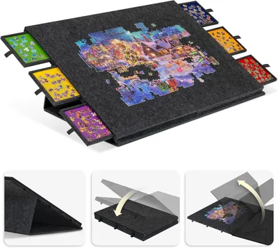 Produktbild von Puzzlebrett, Puzzletisch, Puzzle Plattform, 2-in-1 Puzzleständer & Abdeckung, mit 6 Schubladen, Tragbare Puzzle-Aufbewahrung für 1000 Teile