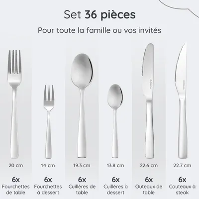 Image de Deleca Service de couverts 36 pièces pour 6 personnes - Lavable au lave-vaisselle Couverts - Couteaux, Fourchettes, Cuillères, Couteaux à steak, Fourchettes à gâteaux - Acier inoxydable Brillant