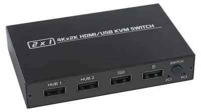 Zdjęcie produktu dla Przełącznik KVM AIMOS AM-KVM 201CL HDMI/USB - 2 komputery współdzielą 1 monitor i klawiaturę/mysz, obsługa 4K/2K, przełącznik 2 w 1