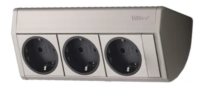 A product shot of a silver and black under-cabinet power strip with three outlets.