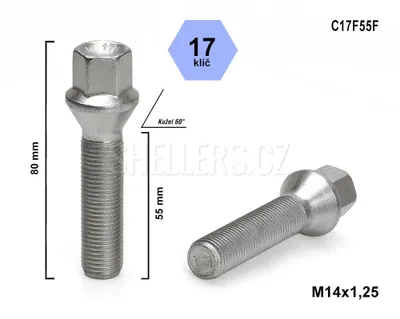 Obrázok produktu pre Skrutka kolesa M14x1,25x55, kužeľová, kľúč 17, C17F55F, výška 80 mm